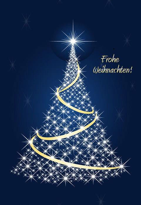 Clipart-Darstellung von leuchtenden Lichtern die in Form eines Weihnachtsbaumes angeordnet sind. Vor einem nachtblauen Hintergrund mit dem Grusstext "Frohe Weihnachten!"